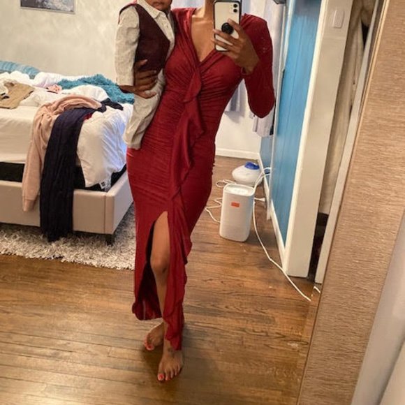 Shein Draped Front Ruched Split Thigh Dress Maroon M - Picture 1 of 2